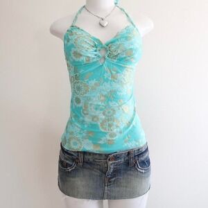 y2k teal floral halter top gossip girl size M